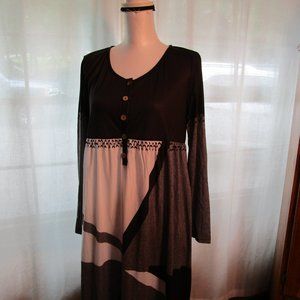 Vintage Color Matching Print Long Sleeves Midi Dress - M